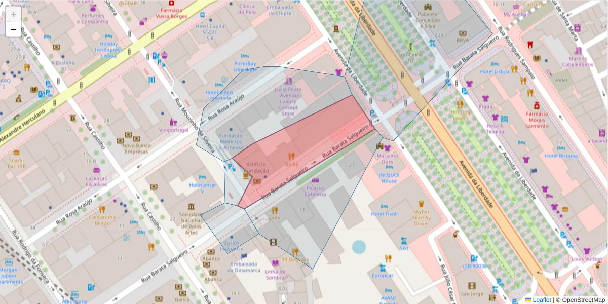 Mapa detalhado do código postal 1250-044 com limites, códigos postais vizinhos e agências dos correios