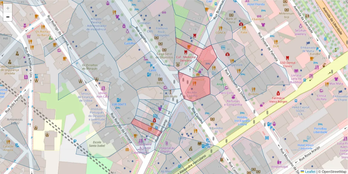 Mapa detalhado do código postal 1250-048 com limites, códigos postais vizinhos e agências dos correios