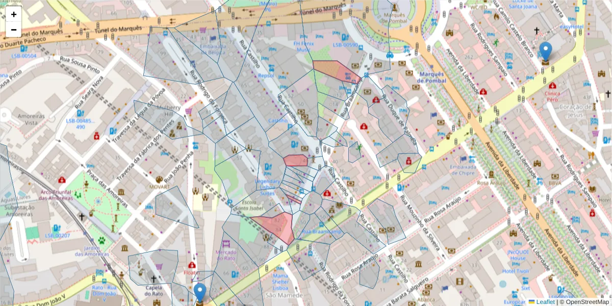 Mapa detalhado do código postal 1250-051 com limites, códigos postais vizinhos e agências dos correios