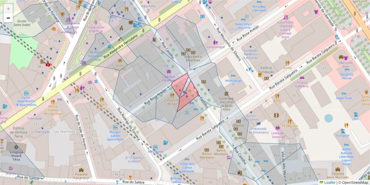 Mapa detalhado do código postal 1250-066 com limites, códigos postais vizinhos e agências dos correios