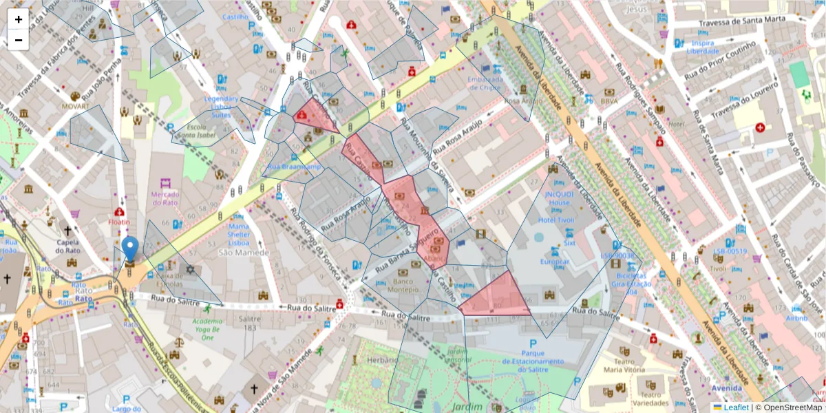Mapa detalhado do código postal 1250-069 com limites, códigos postais vizinhos e agências dos correios