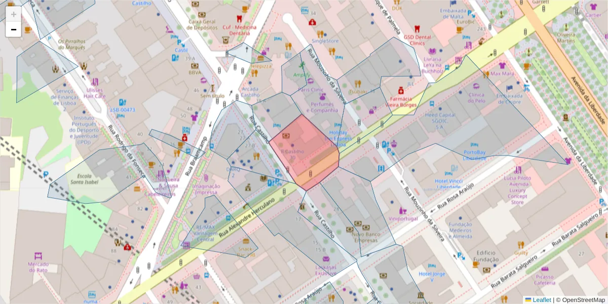 Mapa detalhado do código postal 1250-070 com limites, códigos postais vizinhos e agências dos correios