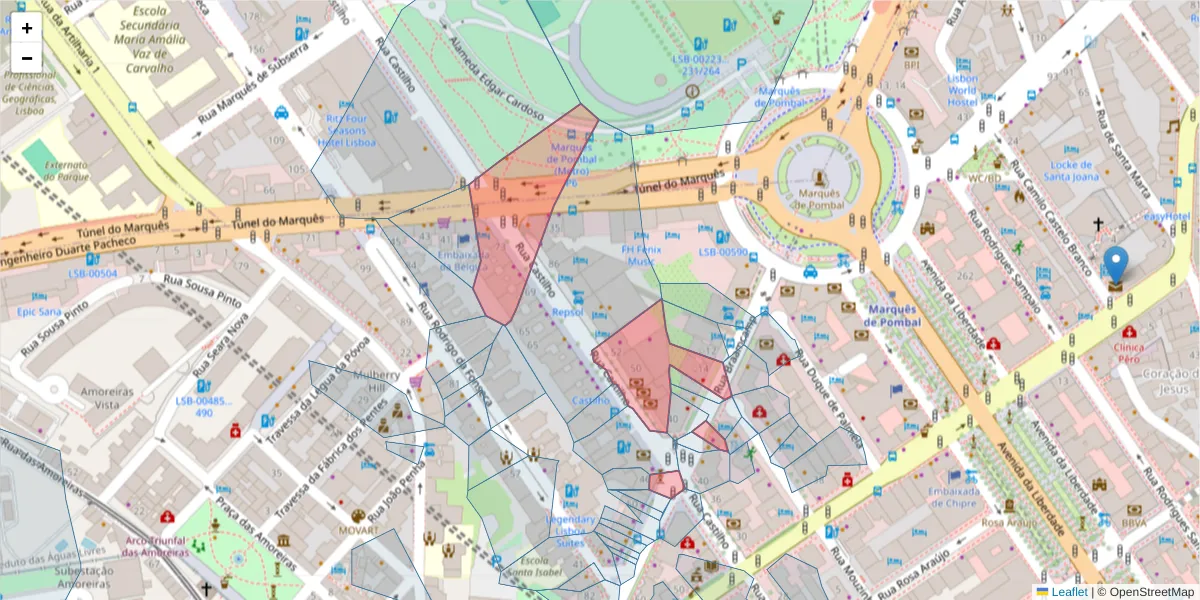 Mapa detalhado do código postal 1250-071 com limites, códigos postais vizinhos e agências dos correios
