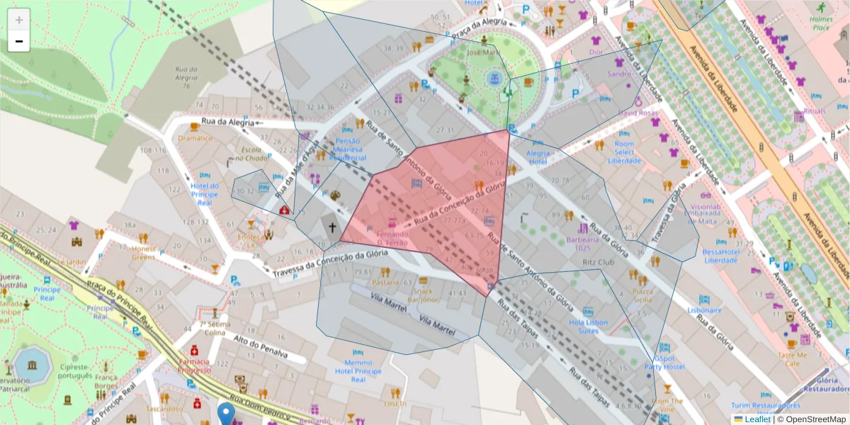 Mapa detalhado do código postal 1250-082 com limites, códigos postais vizinhos e agências dos correios