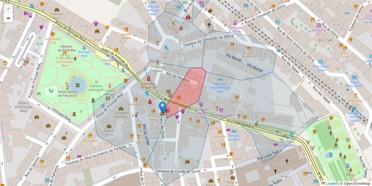 Mapa detalhado do código postal 1250-083 com limites, códigos postais vizinhos e agências dos correios