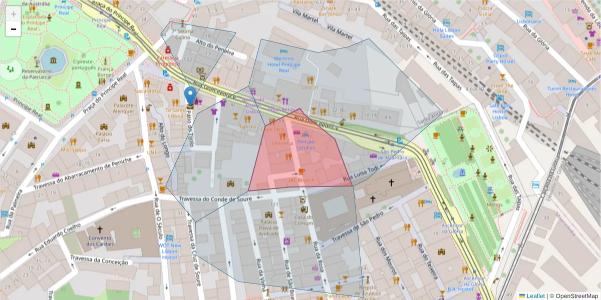 Mapa detalhado do código postal 1250-092 com limites, códigos postais vizinhos e agências dos correios