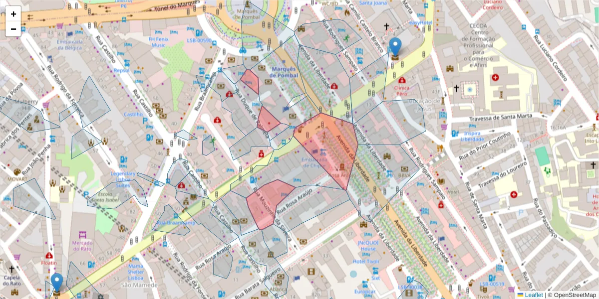Mapa detalhado do código postal 1250-098 com limites, códigos postais vizinhos e agências dos correios