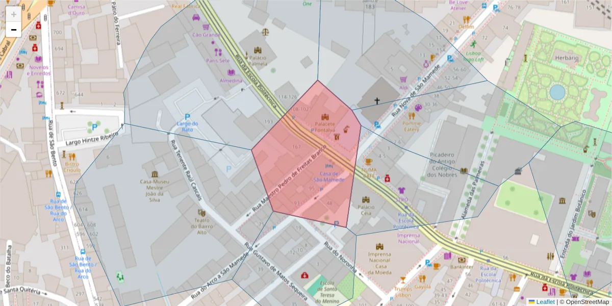 Mapa detalhado do código postal 1250-100 com limites, códigos postais vizinhos e agências dos correios