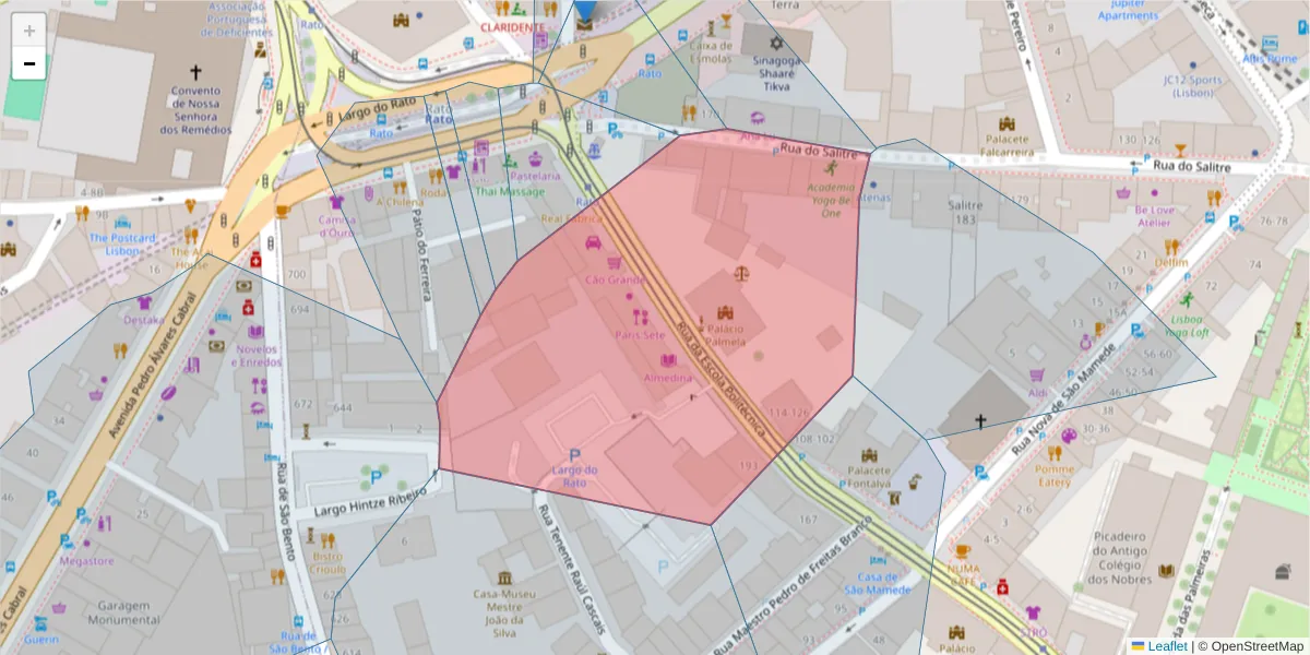 Mapa detalhado do código postal 1250-101 com limites, códigos postais vizinhos e agências dos correios