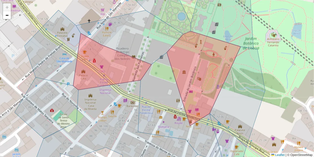 Mapa detalhado do código postal 1250-102 com limites, códigos postais vizinhos e agências dos correios