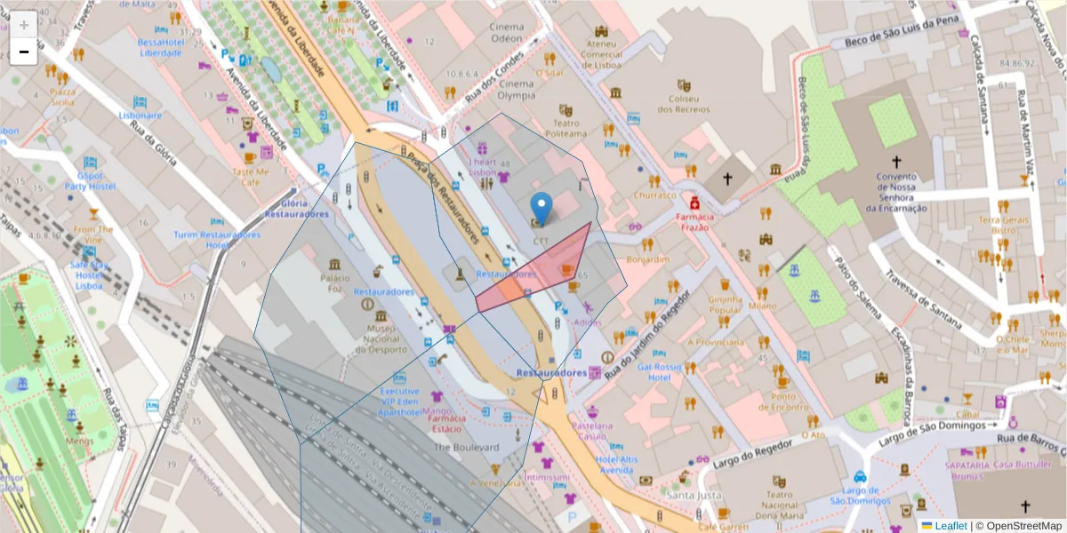 Mapa detalhado do código postal 1250-110 com limites, códigos postais vizinhos e agências dos correios