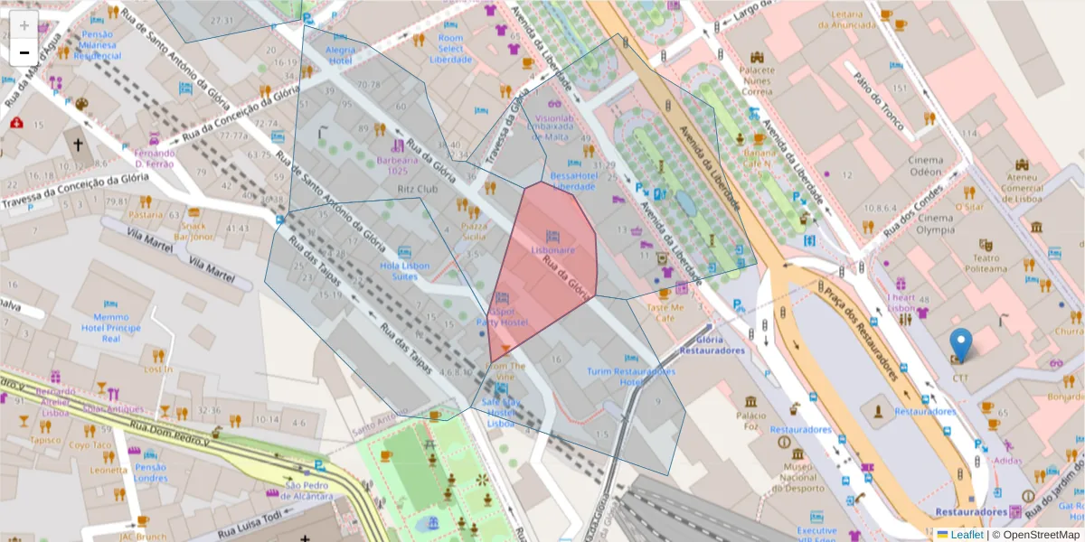 Mapa detalhado do código postal 1250-116 com limites, códigos postais vizinhos e agências dos correios