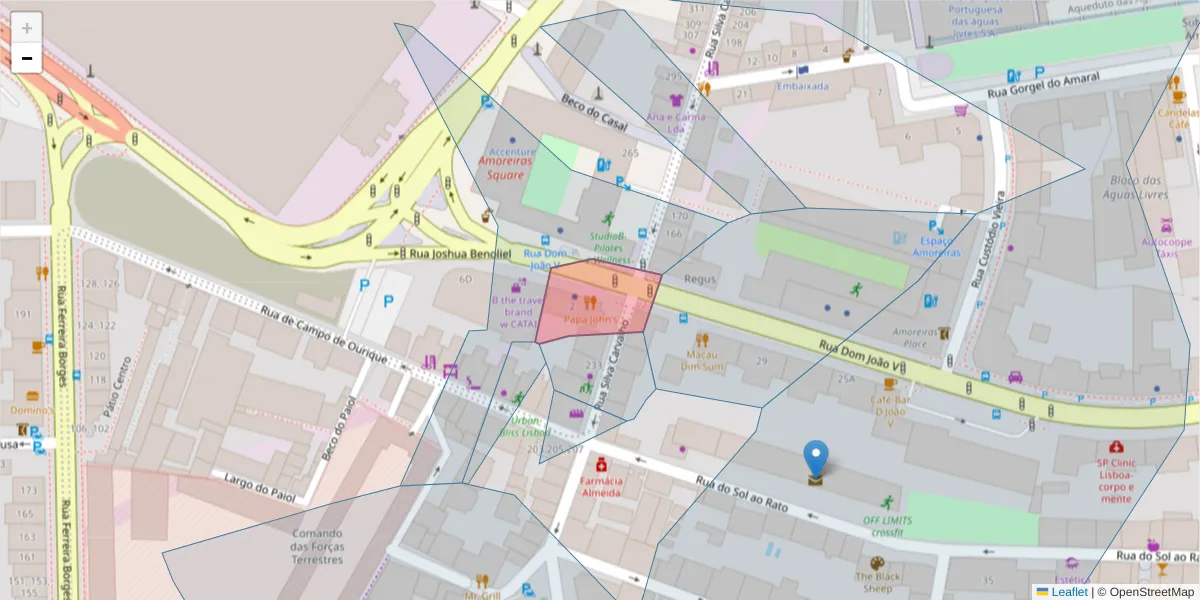 Mapa detalhado do código postal 1250-133 com limites, códigos postais vizinhos e agências dos correios