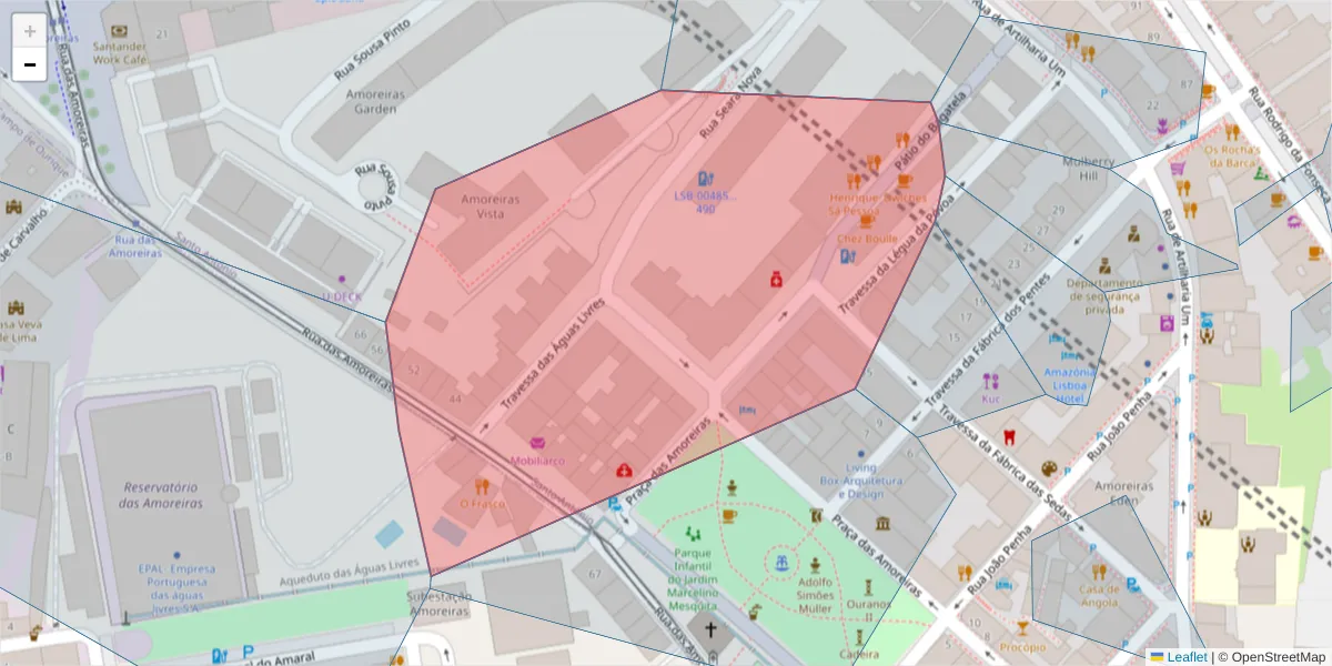 Mapa detalhado do código postal 1250-136 com limites, códigos postais vizinhos e agências dos correios