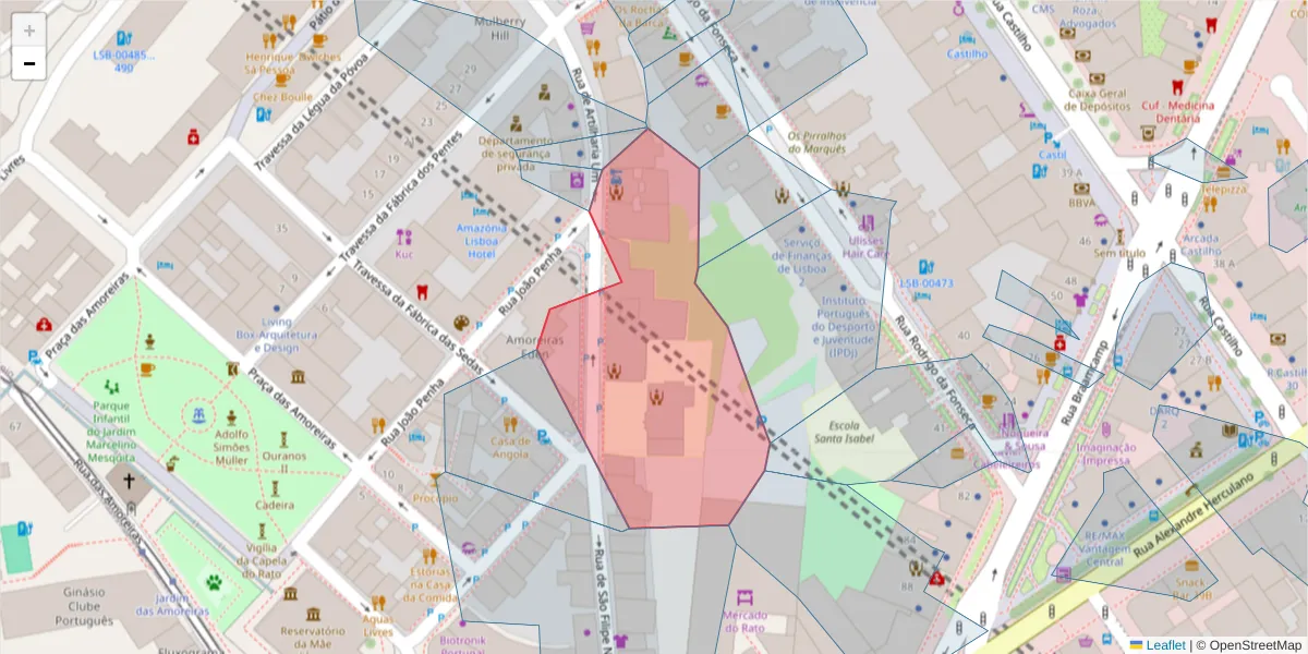 Mapa detalhado do código postal 1250-138 com limites, códigos postais vizinhos e agências dos correios