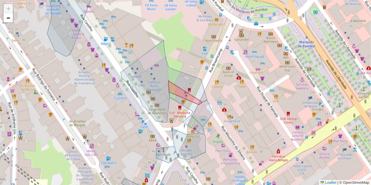 Mapa detalhado do código postal 1250-141 com limites, códigos postais vizinhos e agências dos correios