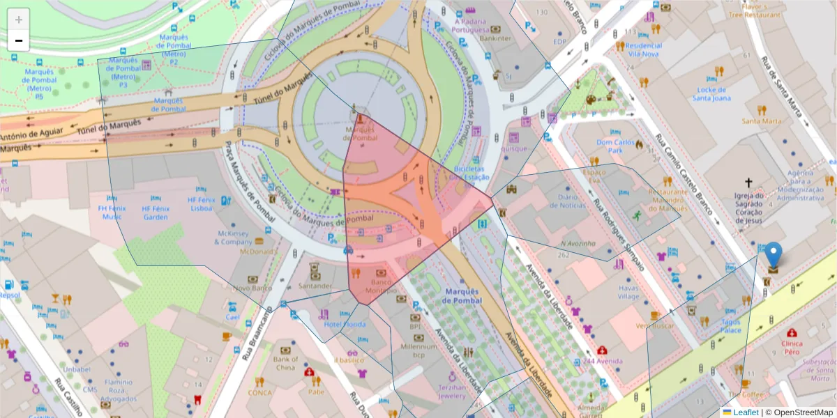 Mapa detalhado do código postal 1250-142 com limites, códigos postais vizinhos e agências dos correios