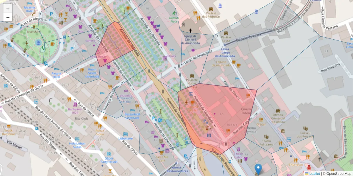 Mapa detalhado do código postal 1250-144 com limites, códigos postais vizinhos e agências dos correios