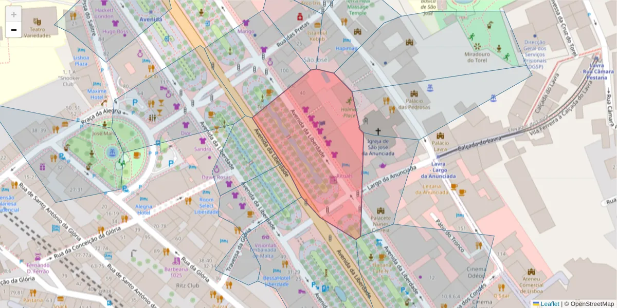 Mapa detalhado do código postal 1250-145 com limites, códigos postais vizinhos e agências dos correios