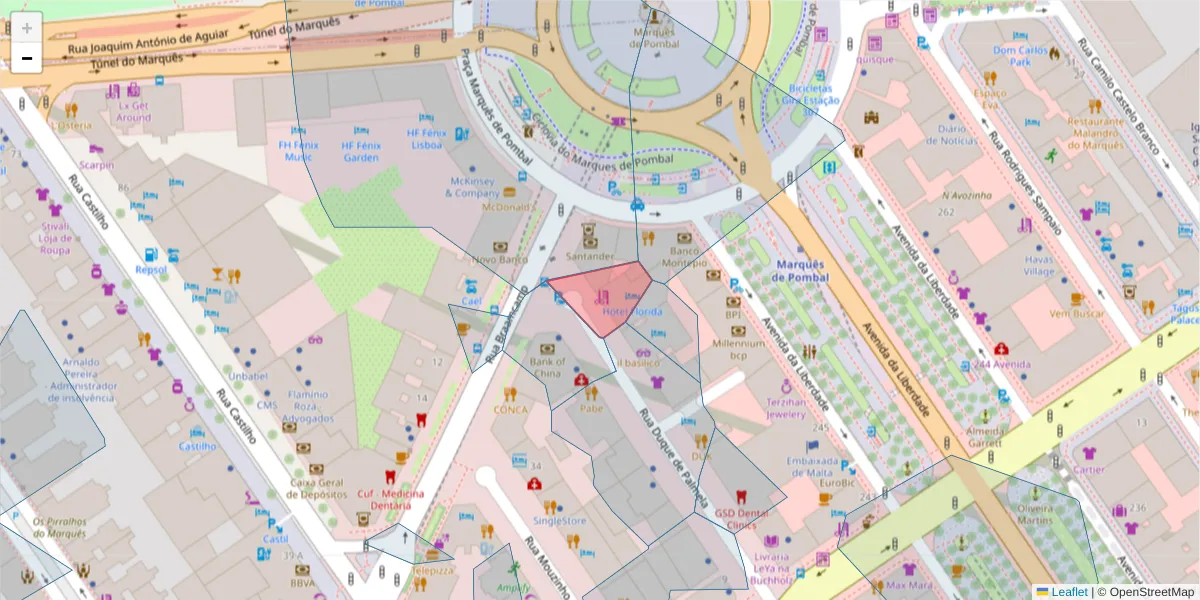 Mapa detalhado do código postal 1250-160 com limites, códigos postais vizinhos e agências dos correios