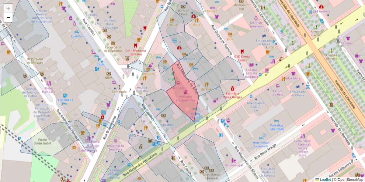 Mapa detalhado do código postal 1250-166 com limites, códigos postais vizinhos e agências dos correios