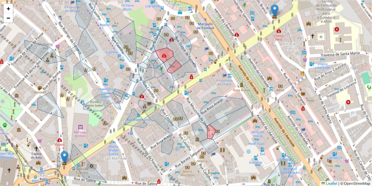 Mapa detalhado do código postal 1250-167 com limites, códigos postais vizinhos e agências dos correios