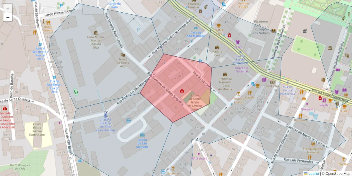 Mapa detalhado do código postal 1250-169 com limites, códigos postais vizinhos e agências dos correios