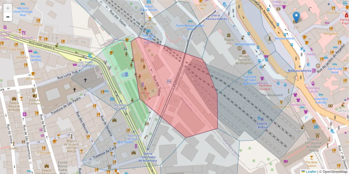 Mapa detalhado do código postal 1250-174 com limites, códigos postais vizinhos e agências dos correios