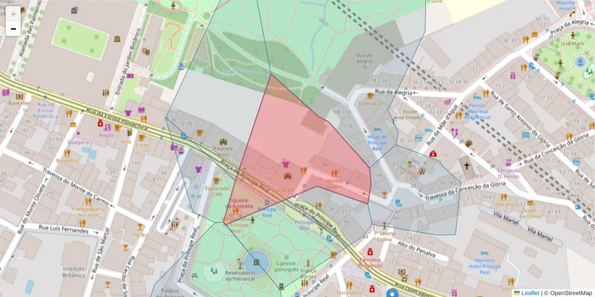 Mapa detalhado do código postal 1250-182 com limites, códigos postais vizinhos e agências dos correios