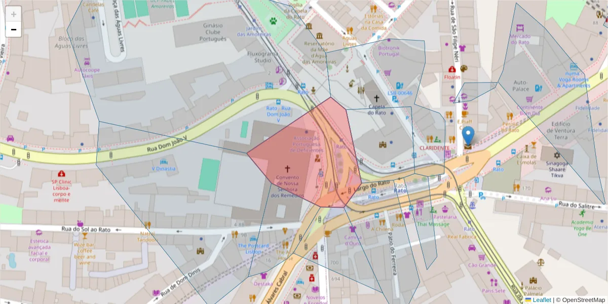 Mapa detalhado do código postal 1250-185 com limites, códigos postais vizinhos e agências dos correios