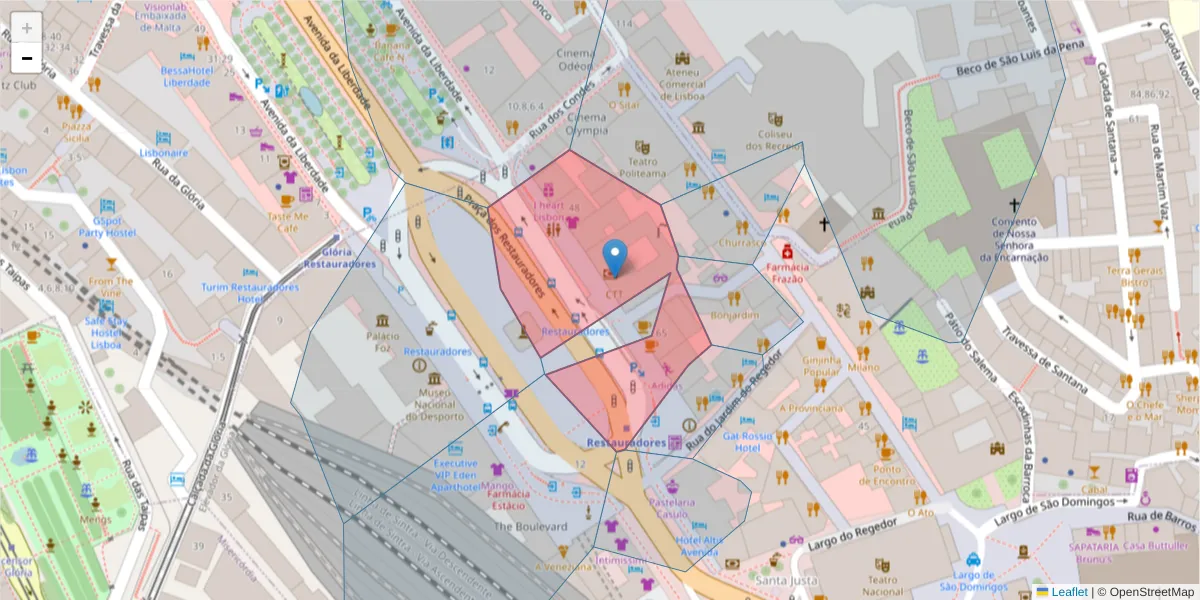 Mapa detalhado do código postal 1250-188 com limites, códigos postais vizinhos e agências dos correios