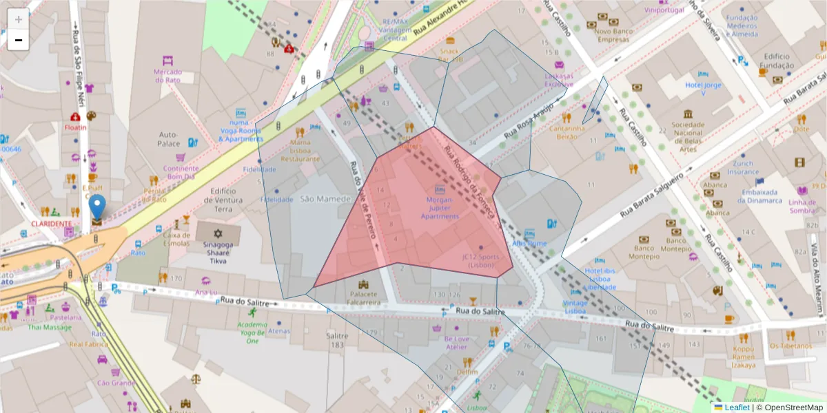 Mapa detalhado do código postal 1250-189 com limites, códigos postais vizinhos e agências dos correios