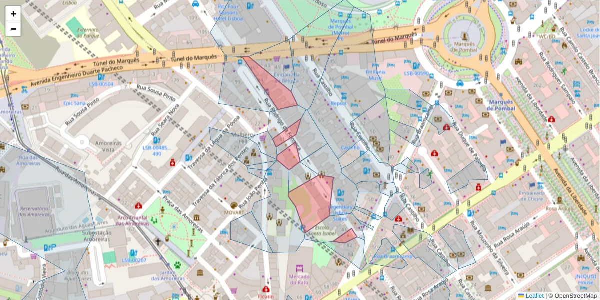 Mapa detalhado do código postal 1250-190 com limites, códigos postais vizinhos e agências dos correios