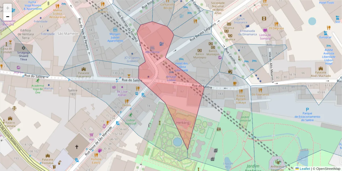 Mapa detalhado do código postal 1250-191 com limites, códigos postais vizinhos e agências dos correios