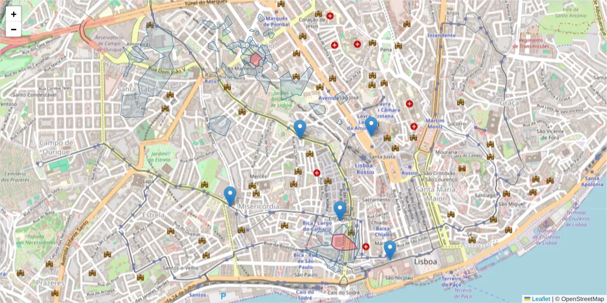 Mapa detalhado do código postal 1250-195 com limites, códigos postais vizinhos e agências dos correios