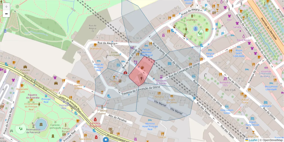 Mapa detalhado do código postal 1250-197 com limites, códigos postais vizinhos e agências dos correios