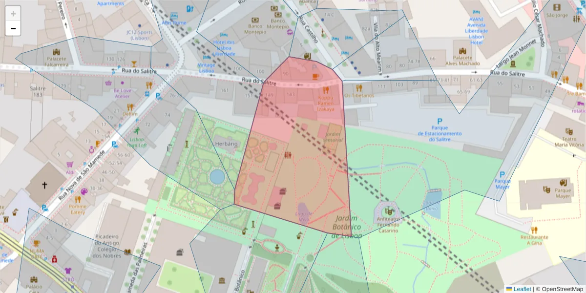 Mapa detalhado do código postal 1250-198 com limites, códigos postais vizinhos e agências dos correios