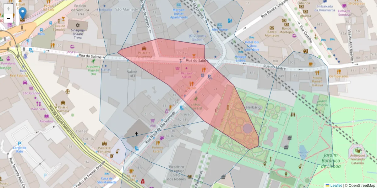 Mapa detalhado do código postal 1250-199 com limites, códigos postais vizinhos e agências dos correios