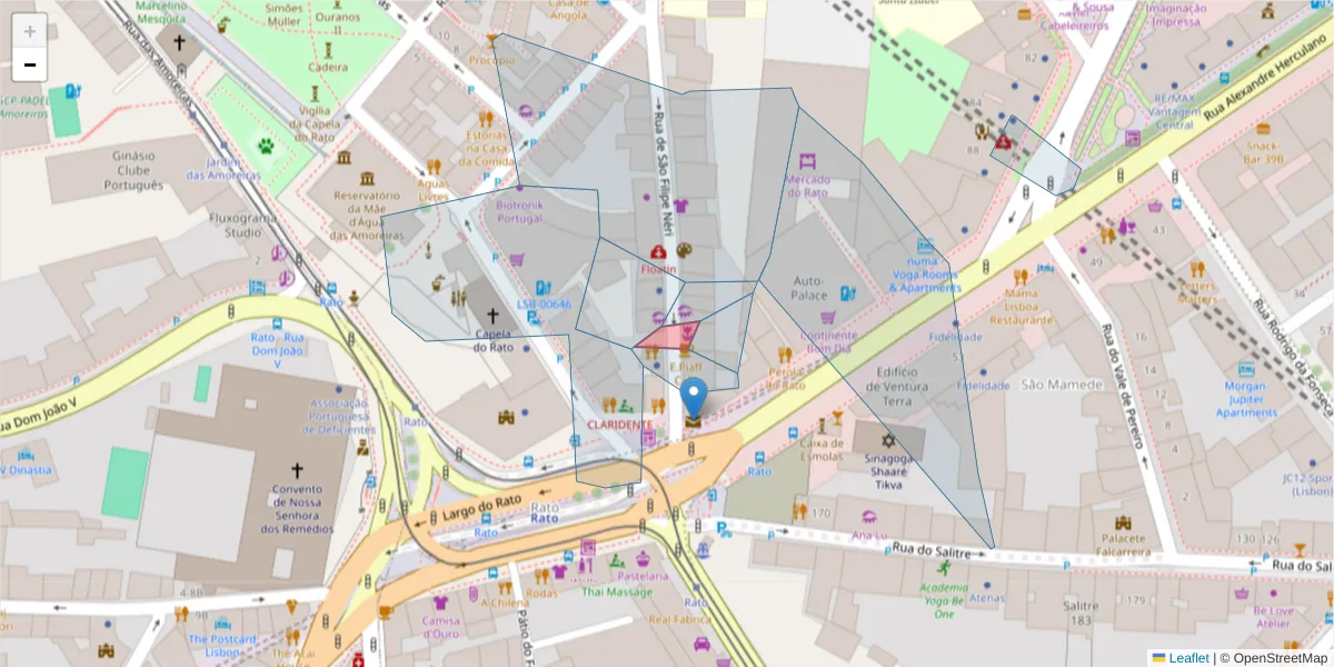 Mapa detalhado do código postal 1250-204 com limites, códigos postais vizinhos e agências dos correios