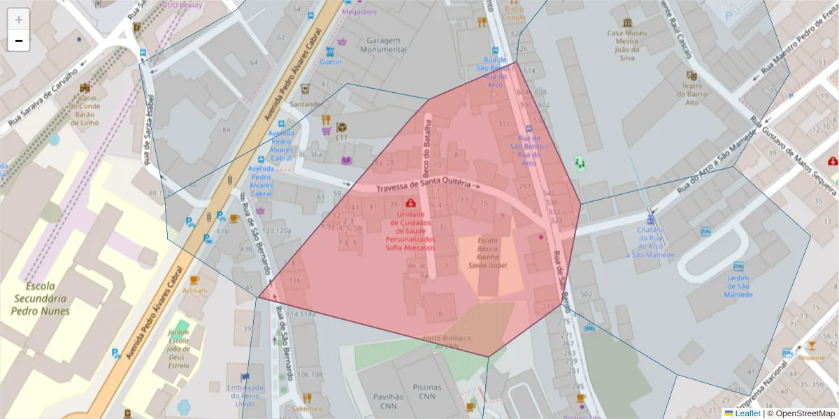 Mapa detalhado do código postal 1250-210 com limites, códigos postais vizinhos e agências dos correios