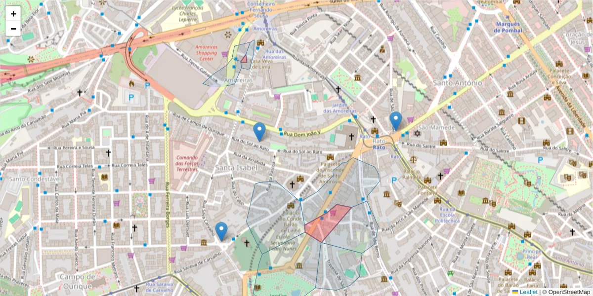 Mapa detalhado do código postal 1250-212 com limites, códigos postais vizinhos e agências dos correios