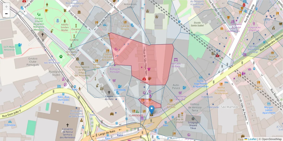 Mapa detalhado do código postal 1250-227 com limites, códigos postais vizinhos e agências dos correios