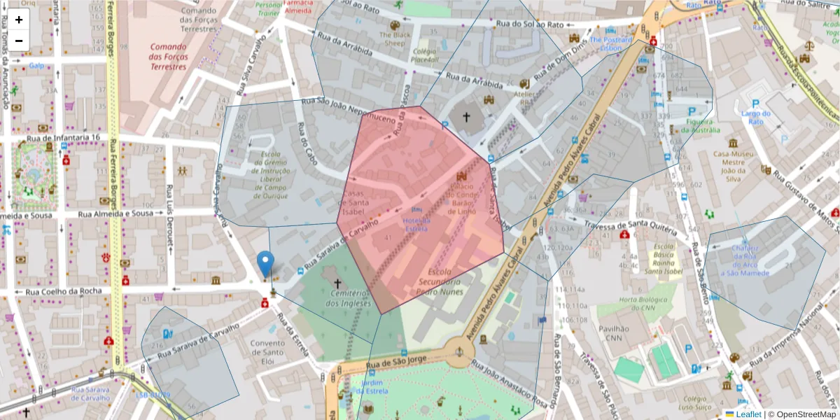 Mapa detalhado do código postal 1250-242 com limites, códigos postais vizinhos e agências dos correios