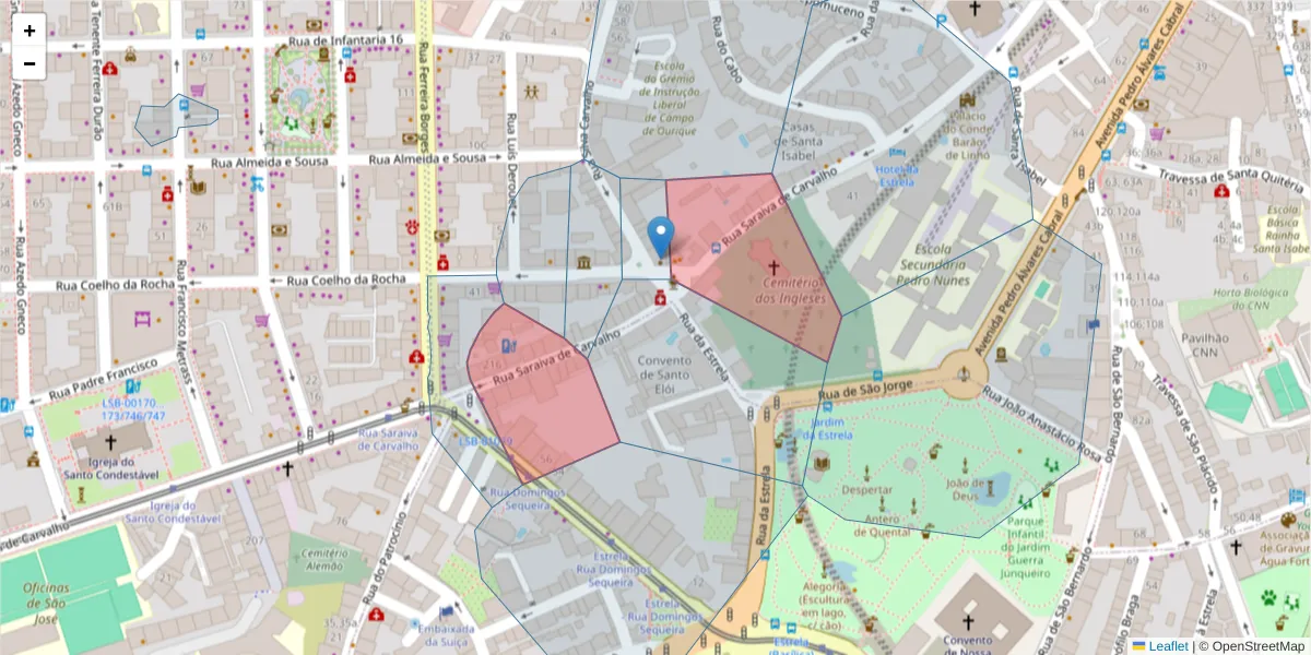 Mapa detalhado do código postal 1250-245 com limites, códigos postais vizinhos e agências dos correios