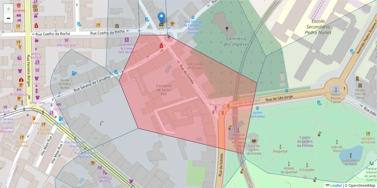 Mapa detalhado do código postal 1250-246 com limites, códigos postais vizinhos e agências dos correios