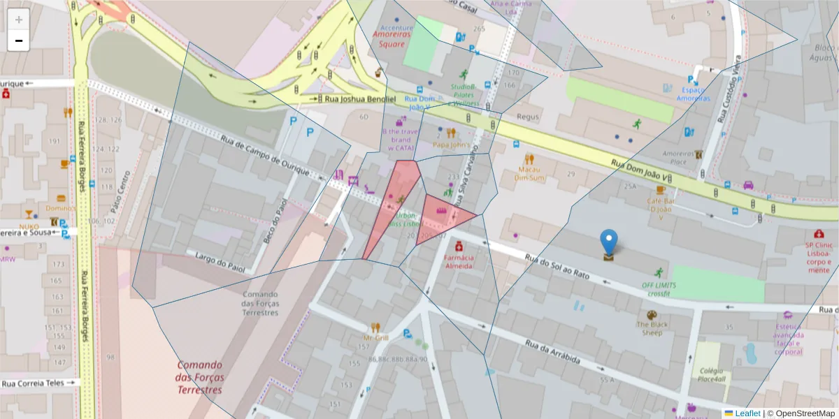 Mapa detalhado do código postal 1250-249 com limites, códigos postais vizinhos e agências dos correios