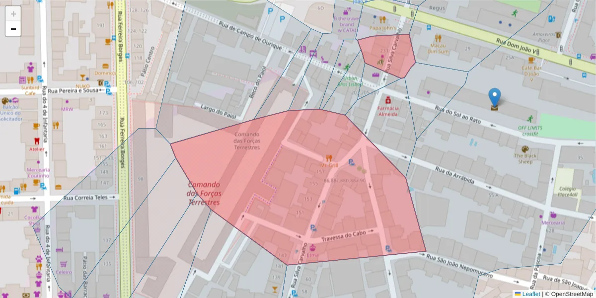 Mapa detalhado do código postal 1250-250 com limites, códigos postais vizinhos e agências dos correios