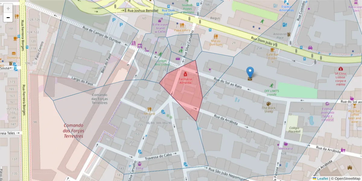 Mapa detalhado do código postal 1250-257 Santa Isabel com limites, códigos postais vizinhos e agências dos correios