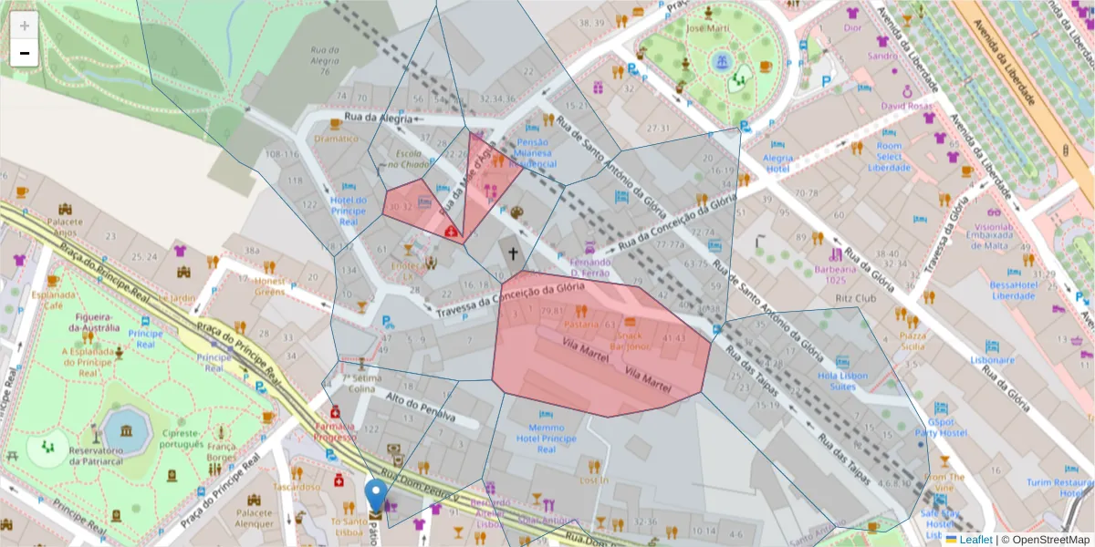 Mapa detalhado do código postal 1250-264 com limites, códigos postais vizinhos e agências dos correios