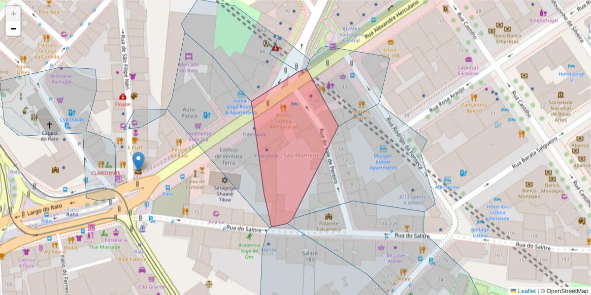 Mapa detalhado do código postal 1250-270 com limites, códigos postais vizinhos e agências dos correios